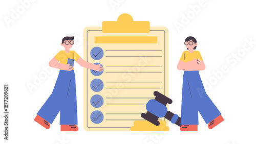 Two people standing next to a large clipboard with a gavel representing the creation of company policies and legal regulations