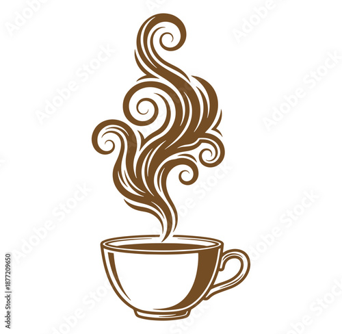 Brown coffee cup with swirling steam rising from top isolated on white background