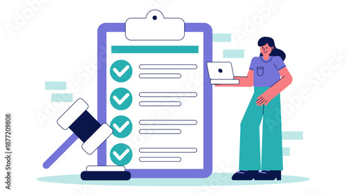 A professional woman holding a laptop standing next to a giant clipboard showing a checklist and a legal gavel