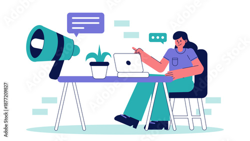 A woman working on a laptop at a desk with a giant megaphone symbolizing marketing and outreach