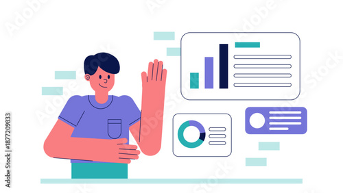 A businessman presenting various floating data panels including bar graphs