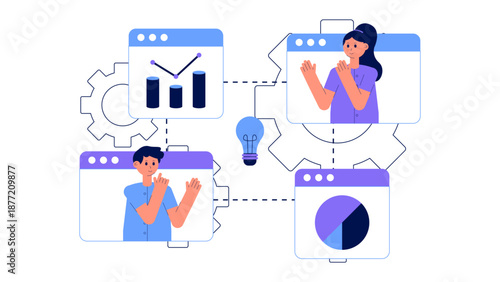 Professional business team conducting a virtual video conference meeting with data charts and creative ideas on screen