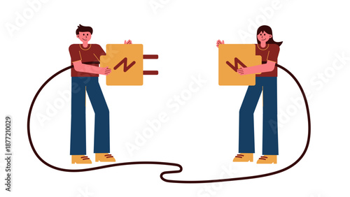 Two business partners connecting a giant electric plug and socket to represent collaboration
