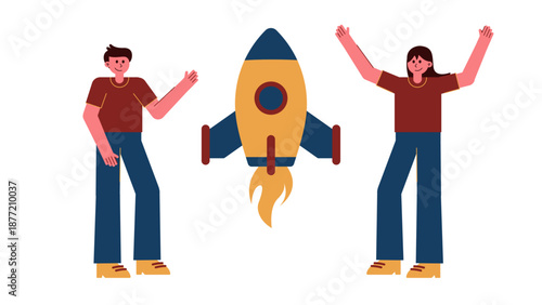 A man and a woman celebrating a successful rocket launch representing a business startup