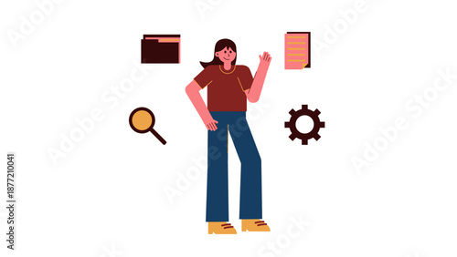 A businesswoman surrounded by icons of magnifying glass