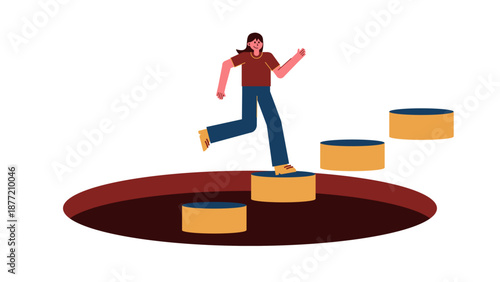 A character stepping out of a deep dark hole onto a path of rising platforms