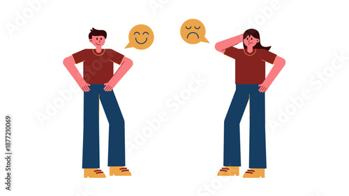 A man showing a happy emoji and a woman showing a sad emoji reflecting team feedback