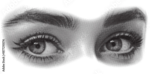 A striking halftone depiction of a pair of human eyes gazing intently forward
