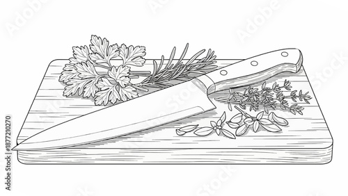 Fresh Herbs and Knife on Wooden Cutting Board