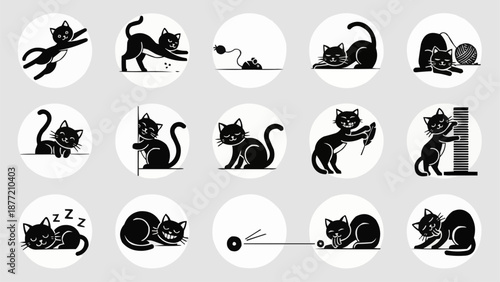 Collection of playful black cat illustrations in various poses.