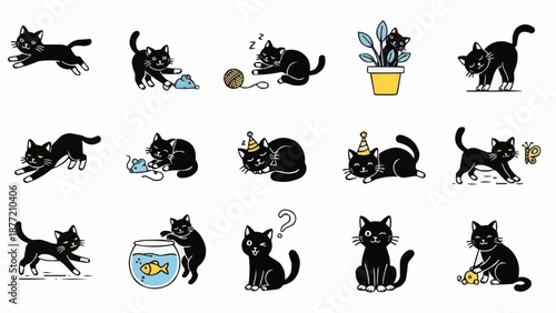 Collection of playful black cat illustrations in various poses and activities.
