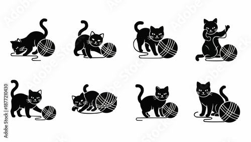 Collection of playful black cats interacting with yarn balls.