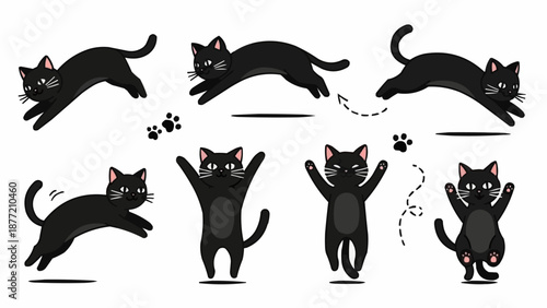 Collection of playful black cats in various cartoon poses.