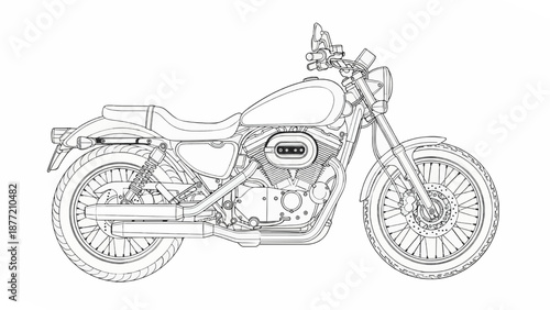 Detailed Line Drawing of a Classic Motorcycle
