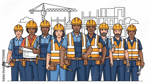 A diverse team of construction workers wearing hard hats and safety vests standing in front of a building site with a crane and unfinished structures.