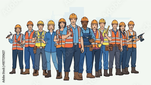 A diverse group of construction workers standing together, wearing safety gear and holding tools, representing teamwork in the industry.