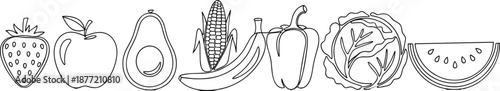 Black and white illustration of assorted fruits and vegetables in row, minimal line drawing, healthy produce, food icons