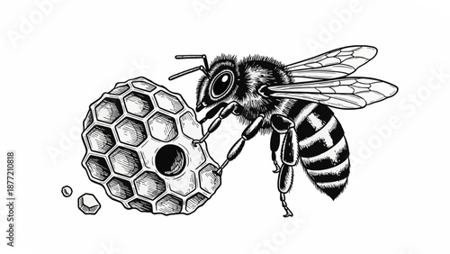 Bee Constructing Hexagonal Honeycomb Structure