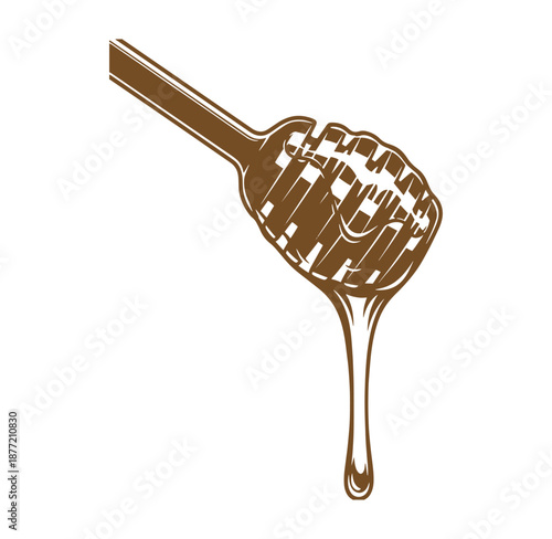 Brown honey dripping from a honey dipper on white background