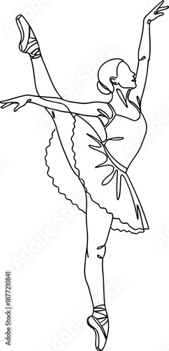 Black and white illustration of ballerina in arabesque pose, raised arm, tutu costume, minimal line drawing, graceful dance