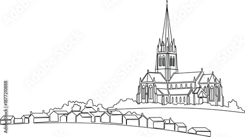 Black and white illustration of cathedral on hill with houses, trees, spire architecture, minimal line drawing, historical landmark scene