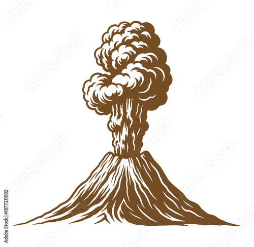 Brown illustration of a volcano erupting with smoke and ash clouds