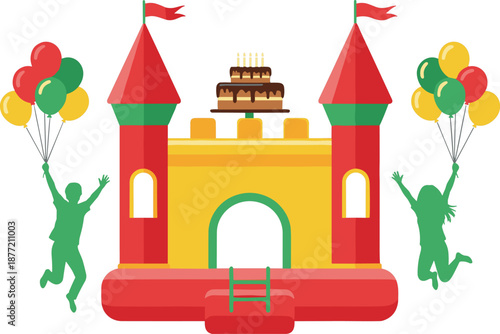 Colorful bouncy castle for kids birthday party with cake and balloons, jumping children celebrating at inflatable amusement park, festive outdoor fun, vector illustration