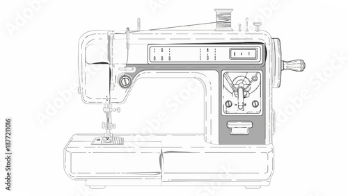 Detailed Line Drawing of a Classic Sewing Machine