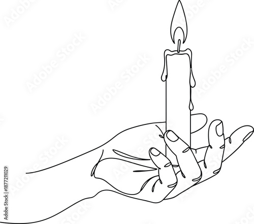 Black and white illustration of hand holding lit candle with dripping wax, flame detail, minimal line drawing, symbolic gesture