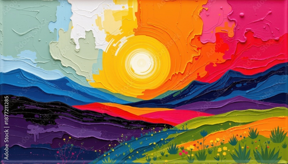 Obraz premium Vibrant Sunset Over Colorful Hills and Mountains with Texture and Abstract Artistic Style
