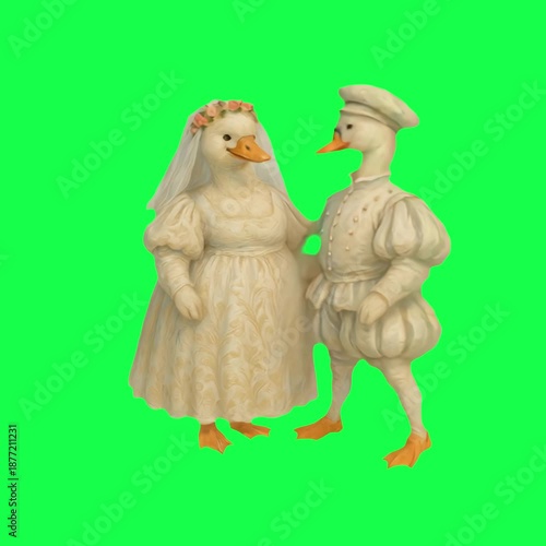 Ducks dressed as bride groom animation, transparent 4K video, green screen