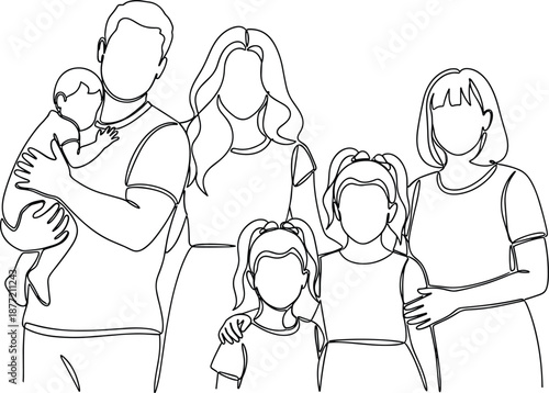 Black and white illustration of six family members standing together, holding baby, minimal line drawing, unity, abstract figures