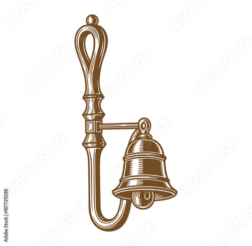 Brown metal bell with decorative holder attached to wall  service or alert signal