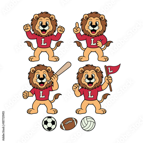 Cartoon lion mascot with sports equipment and balls  various poses icon
