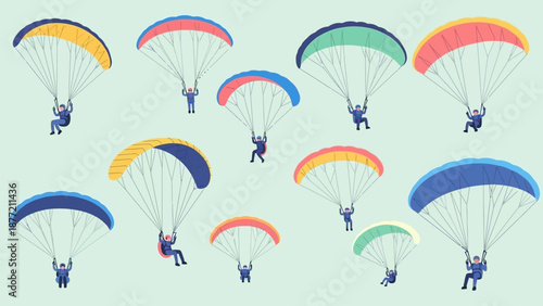 Group of people skydiving with colorful parachutes.