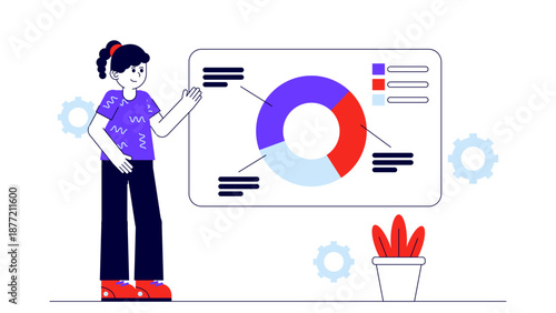 A businesswoman standing next to a large board displaying a colorful donut chart and statistical data for a business plan