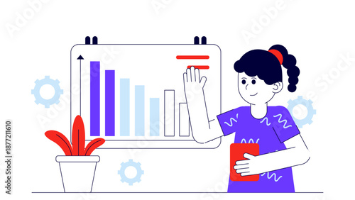A professional woman analyzing a bar chart on a whiteboard to make future business predictions and forecasts