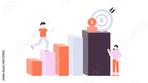 A businessman climbing up a bar graph representing the business journey towards hitting a financial target and achieving success