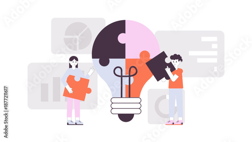 A team of professionals putting together pieces of a giant lightbulb puzzle to find the perfect business solution and innovation