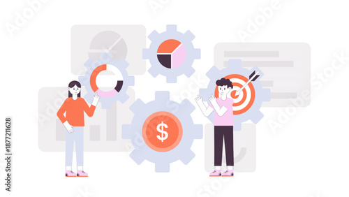 Two professional individuals interacting with giant mechanical gears representing financial data analysis strategic planning and goal achievement through collaborative management efforts