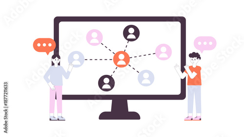 Two business leaders standing next to a large monitor showing a global interconnected network of professional profiles