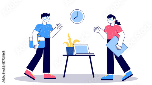 Two individuals working together at a desk with a laptop in a modern office setting. Suitable for business concepts.