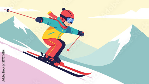 Vibrant Skier in Action on Snowy Mountain Slope.