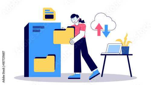 Person uploading files to cloud storage from a file cabinet. Suitable for technology blogs, cloud storage services promotion, and digital security concepts.