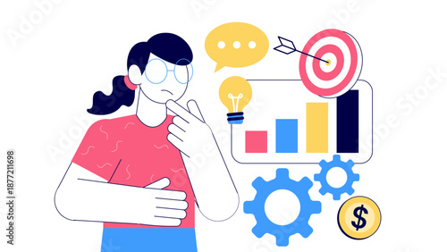 Woman deep in thought, contemplating success. Ideal for goalsetting, motivation, strategy, success concept designs.