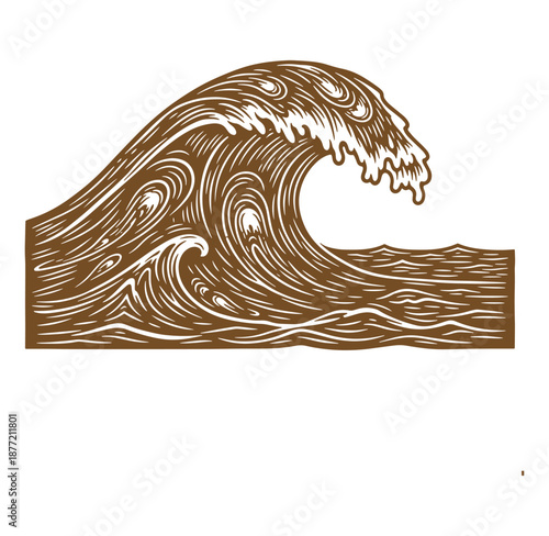Brown wave crashing ocean illustration with white lines on transparent background
