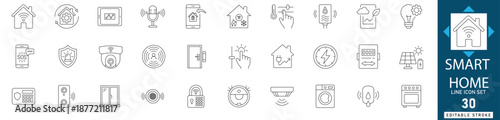 smart home line icon set featuring IoT automation, AI living, and Matter protocol symbols. Ideal for home automation apps, tech UI, and smart living design.
