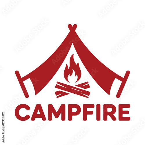 Red campfire logo with tent and flame on white background icon