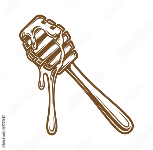 Honey dripping from a honey dipper on white background