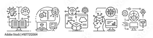 AI, machine learning, and online education line art icons on white